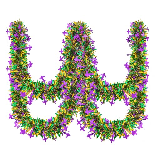 Mardi Gras Tinsel Garland - 33ft Metallic Purple, Green & Gold Decor