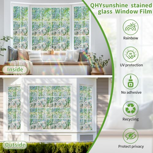 Rainbow Leaf Window Privacy Film - Non-Adhesive Decorative Clings (17.5 x 78.7 in)