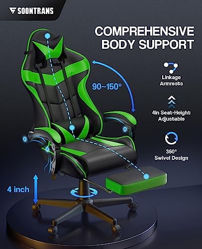 Ergonomic Gaming Chair with Footrest and Lumbar Support - Jungle Green