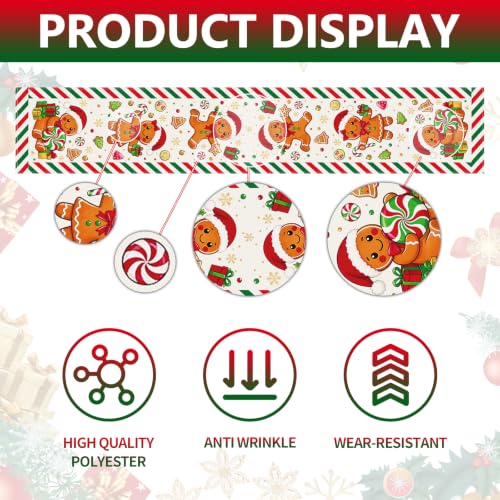 Gingerbread Christmas Table Runner 72x13 Inch Holiday Linen Decor with Candy Canes & Trees – Pedenty