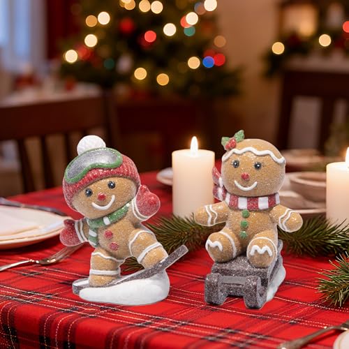 Hodao Christmas Gingerbread Ski & Sled Figurines Set - Indoor Holiday Decor, 2 Pieces