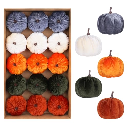 15PCS Velvet Fall Pumpkins for Autumn Thanksgiving Home Decor 3.14 Inch
