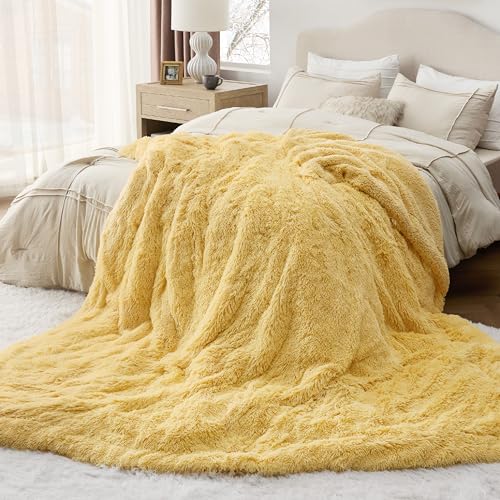 Bedsure Faux Fur Fluffy Sherpa Fleece Bed Blanket Light Yellow 108x90 King - Cozy & Reversible
