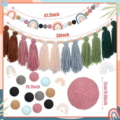 4-Piece Boho Tassel and Pom Pom Garland Set - Sage Green Wall Hanging Decor