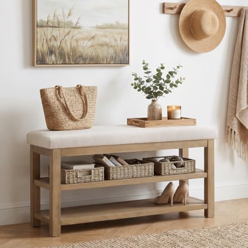 2-Tier Solid Wood Shoe Bench with Linen Cushion - 39.4-Inch Storage Rack