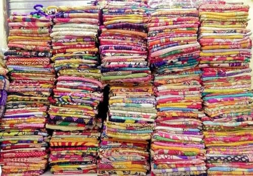 Reversible Kantha Quilt - Vintage Cotton Bedspread, 52x80 Inches