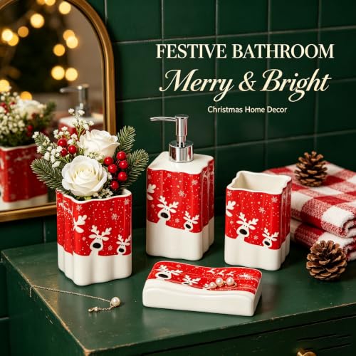 RXLVCKY Red Christmas Reindeer Pattern Soap Dispenser, 12oz Ceramic Bath Accessory