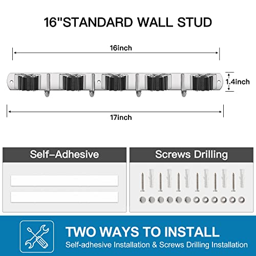 2 Pack Stainless Steel Broom and Mop Holder Wall Mount Organizer