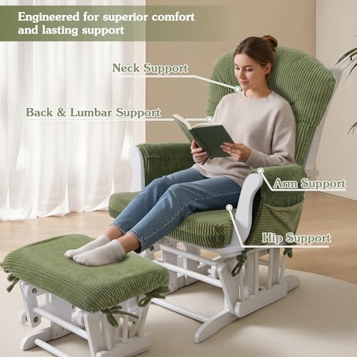 5-Piece Glider Rocker Replacement Cushions with Storage Pockets, Green Fleece