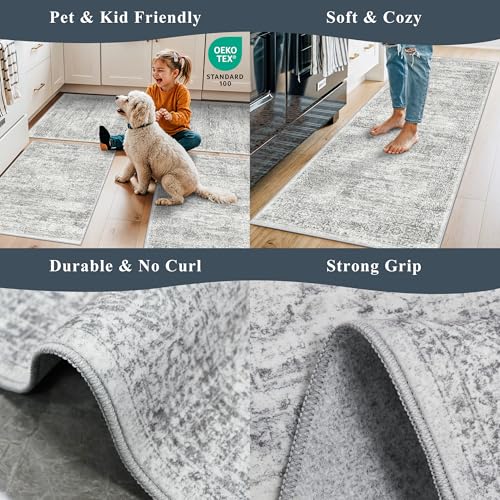 2-Piece Non-Slip Kitchen Rug Set, Washable Farmhouse Floor Mats (Grey Ivory)