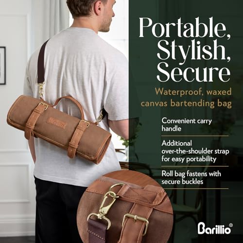 Barillio Brown Silver Waxed Canvas Travel Bartender Kit with 17-Pc Cocktail Set