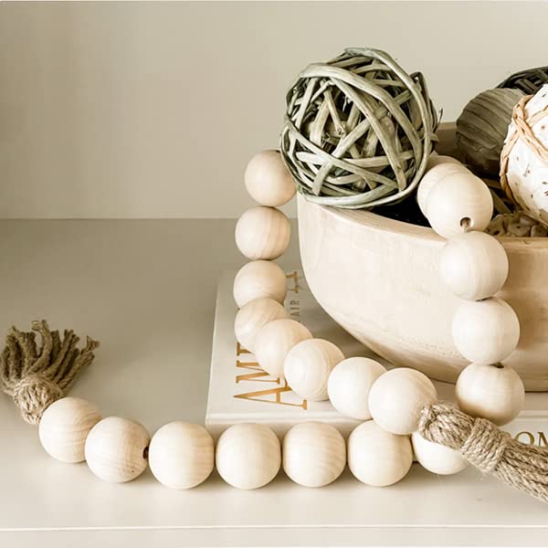 50-Inch Large Wood Bead Garland with Tassels - Farmhouse Boho Decor