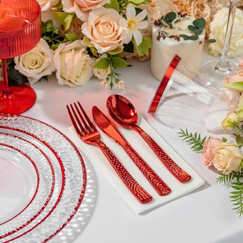 Ciaell 150-Piece Red & Clear Plastic Disposable Dinnerware Set for Weddings & Parties