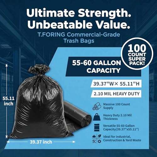 Heavy Duty 55-60 Gallon Trash Bags - 2.1 Mil Black Garbage Bags (100 Count)