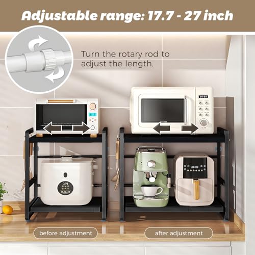 2-Tier Adjustable Microwave Rack, Extendable Kitchen Counter Shelf with Drawer