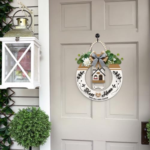 3D Welcome Sign Wood Wreath for Front Door, Farmhouse Porch Decor