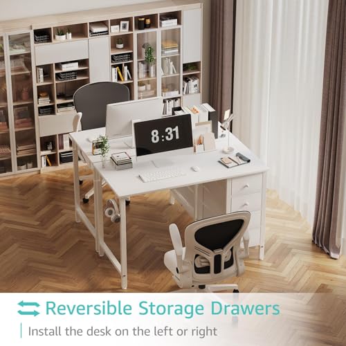 Small White Computer Desk with 4 Fabric Drawers, 40-Inch Writing Table