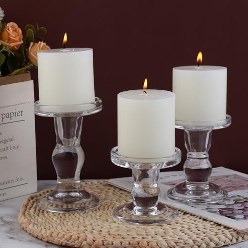 Clear Glass Taper Candle Holder Set of 3 - Elegant Table Centerpiece Decor