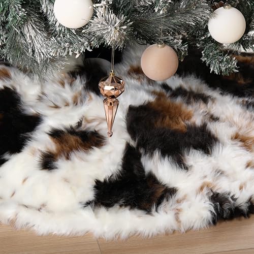 Halloscume 48 Inch Faux Fur Christmas Tree Skirt – Thick Western Cow Print, Open Design