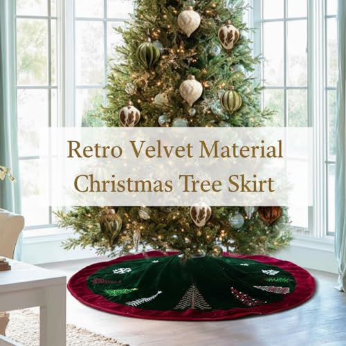 Soulchen 48 Inch Green Velvet Christmas Tree Skirt with Burgundy Trim