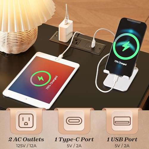 Black Nightstand Set of 2 with Charging Station and 2 Drawers