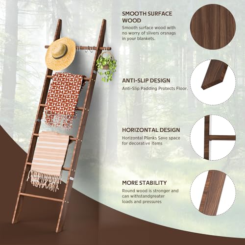 6-Tier Wooden Blanket Ladder with Hooks - Rustic Farmhouse Towel Rack