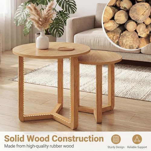2-Piece Round Nesting Coffee Table Set, Solid Wood Tripod Side Tables
