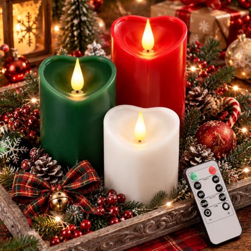 Retisee Christmas Heart Flameless Pillar Candles – 3-Piece Set with Timer, 4/5/6 Inch, Red/Green/White, Christmas Color