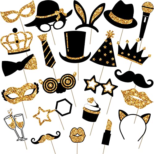 24-Piece Photo Booth Props Set - Black and Gold Party Accessories