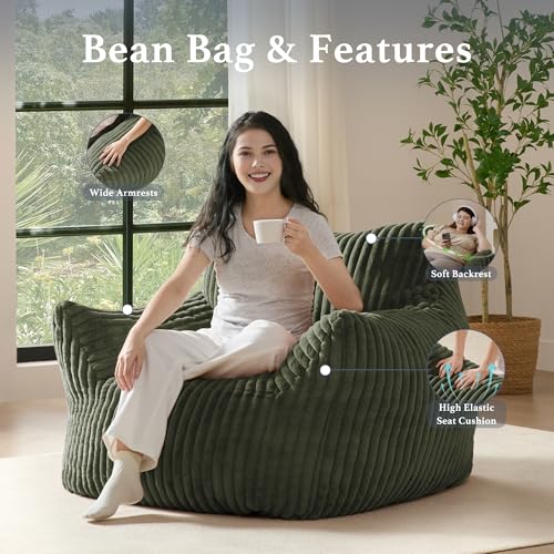 Oversized Corduroy Bean Bag Chair for Adults with Armrests - Green