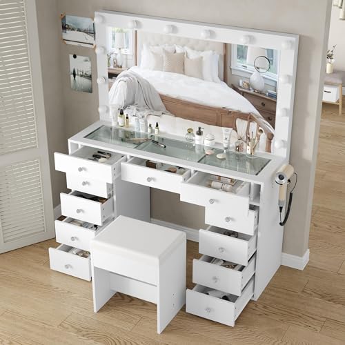 Vanity Desk with Mirror, 12 LED Lights, 11 Drawers, and Charging Station