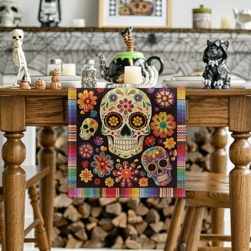 13x120 Inch Flowers Sugar Skull Mexican Day of The Dead Table Runner - Red/Blue