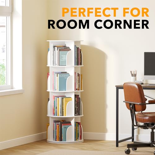 4-Tier 360 Rotating Bookshelf Tower Spinning Bookcase Corner Storage White
