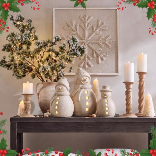 Yungyan 3 Pcs Terracotta Christmas Snowman Figurines with Rustic LED Lighted - Variation: Snowman