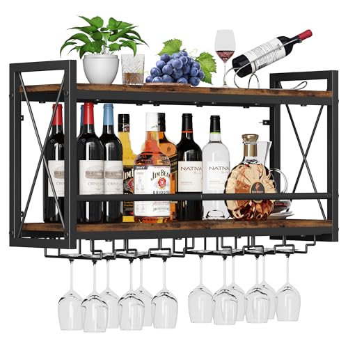 Wall Mounted Wine Rack with Glass Holder, Industrial Wood and Metal Shelf
