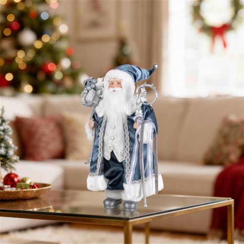 Glitzhome 18-inch Blue Santa Claus Figurine with Porcelain Face & Velvet Robe – Deluxe Faux Fur Holiday Decor