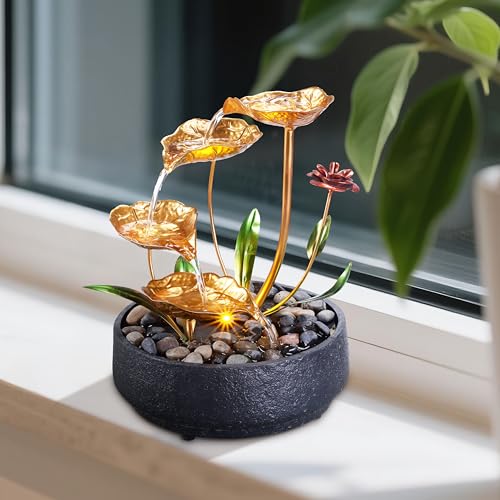Metal Lotus Tabletop Water Fountain with Warm LED Light - Indoor Zen Decor