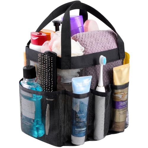 Mesh Shower Caddy Portable Quick Dry Tote Bag with 7 Pockets Black