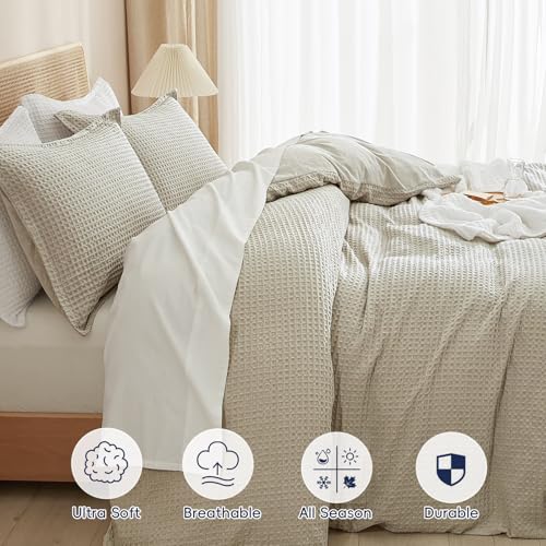 Waffle Weave Duvet Cover Set - Queen Size 3-Piece Honeycomb Bedding