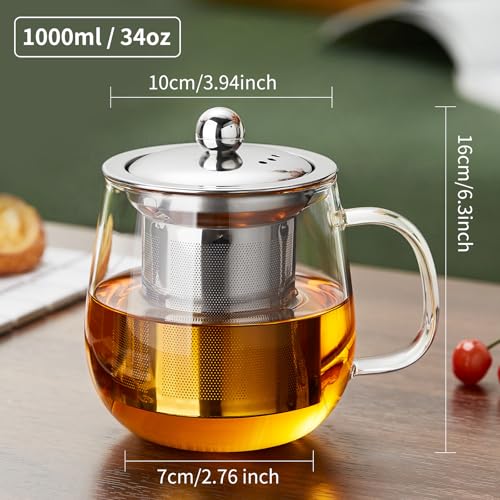 DOPUDO 34oz Glass Tea Cup with Infuser & Lid - Large Borosilicate Mug for Loose Leaf & Blooming Tea