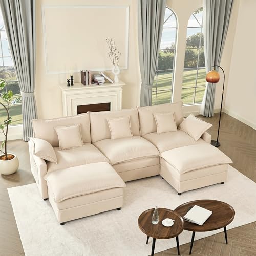 108-Inch U-Shaped Modular Cloud Sofa with Ottoman, Linen Beige
