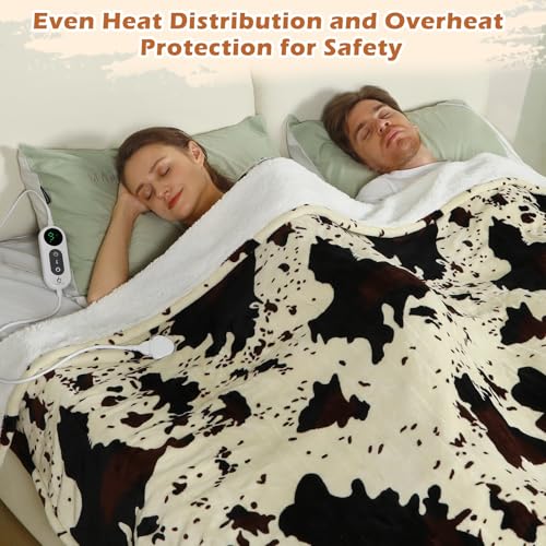 Heated Throw Blanket, 50x60 Cow Print Electric Sherpa Fleece Blanket