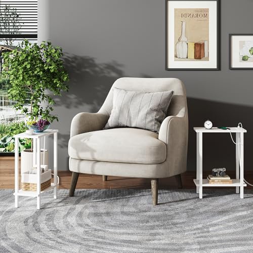 Narrow Side Table with Charging Station, 2-Tier Slim End Table, White