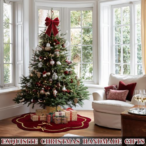 Red Velvet Christmas Tree Skirt with Scalloped Edge & Gold Lace Trim, 48 Inch