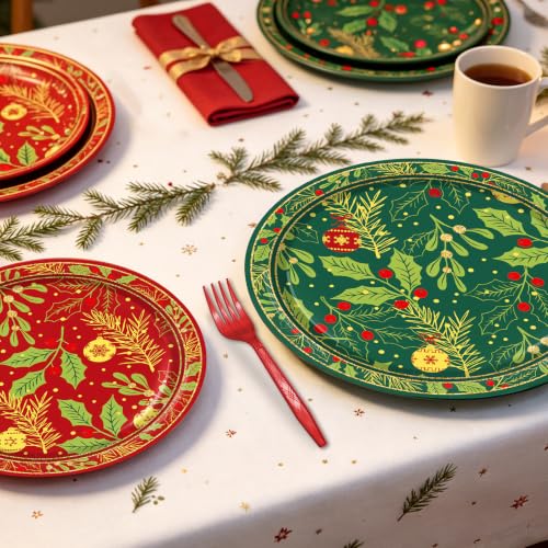 Holly Leaf Red Berry Christmas Paper Plates & Napkins Party Set - Serves 24