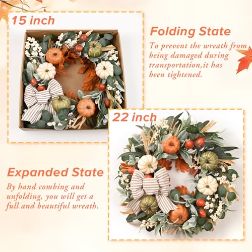 22-Inch Fall Wreath with Pumpkins and Berries for Front Door Decor