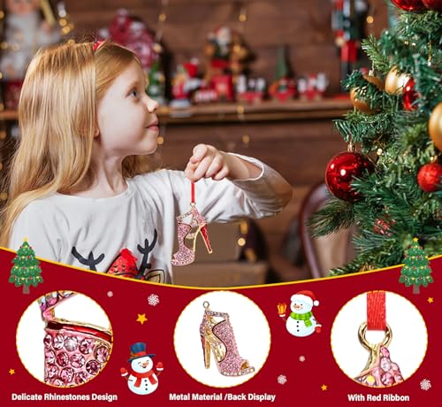 BIZIBAFF B-shoe High Heel Christmas Ornament - Metal Sparkly Rhinestones, Red Ribbon 2 x 2.25 in