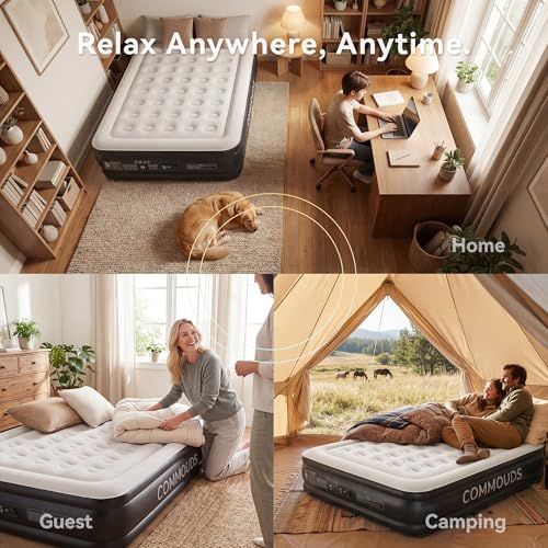 Queen Air Mattress with Built-in Pump, Waterproof Flocked Top
