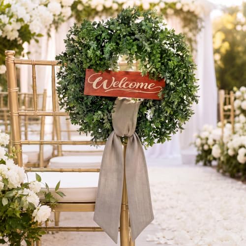 24-Inch Artificial Boxwood Wreath with 6 Sashes Front Door Decoration