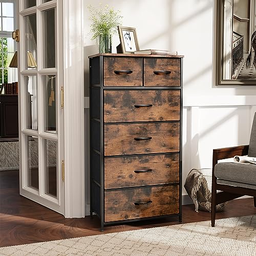 6-Drawer Tall Dresser with Wooden Top, Vertical Fabric Storage Tower